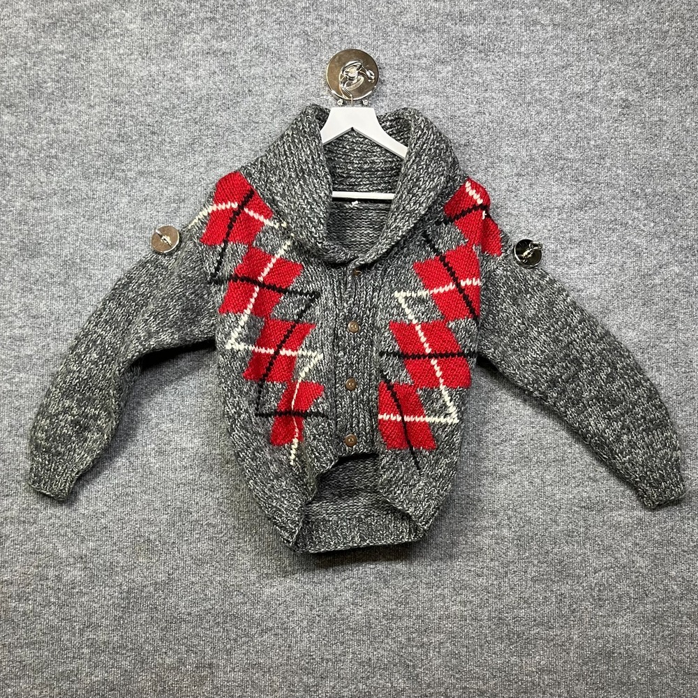 Vintage Womens Shawl Collar Cardigan Gray Red Argyle Chunky Knit Button Sweater